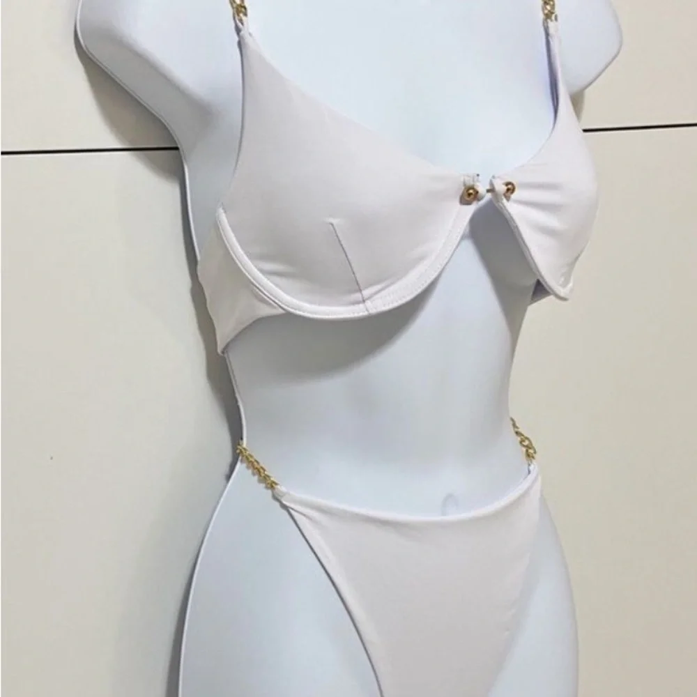 Sale! White Bikini with Gold Metal Strap Accents Women’s Size Large - Picture 4 of 5